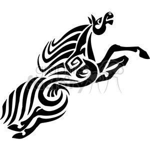 A stylized black and white tribal art design of a horse in mid-jump, characterized by swirling lines and intricate patterns.