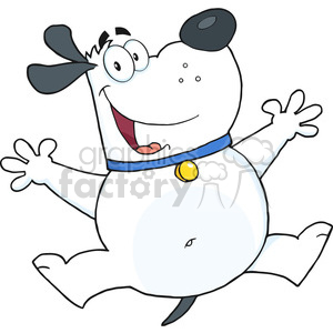   This image shows a comical cartoon dog with a joyful expression. The dog appears to be jumping or dancing with its arms spread wide, a big smile on its face, and one eye larger than the other for a humorous effect. It
