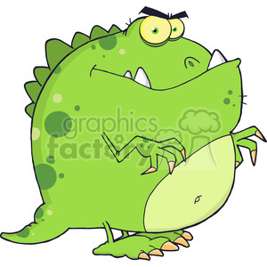   The clipart image depicts a comical green dinosaur. The dinosaur is large, with a big smiling mouth full of white teeth, and it has a funny expression with one eyebrow cocked. It has a green body with darker green spots, a lighter green underbelly, and is portrayed in a playful, cartoonish style with oversized features like its head and eyes. 