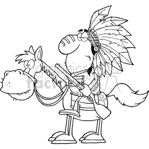 A comical cartoon illustration of a Native American warrior wearing a feathered headdress, riding a horse with funny expressions.