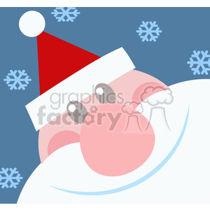 A comical clipart image of Santa Claus with a large pink nose, wearing a red and white Santa hat against a blue background with snowflakes.