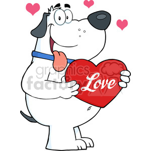 A comical cartoon dog holding a red heart with 'Love' written on it, surrounded by smaller pink hearts, expressing affection in a playful manner.