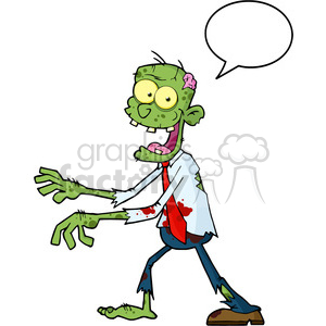 A cartoonish, comical zombie with green skin, wearing a tattered shirt and red tie, with a speech bubble above its head.