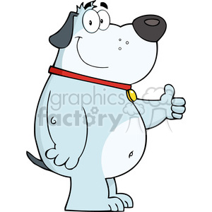   The image features a comical cartoon dog standing upright on its hind legs. The dog is blue-grey with a big, white muzzle and belly, a dangling tongue, and a goofy facial expression with large, bulgy eyes. It wears a red collar with a gold tag. The dog