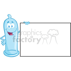 A comical illustration of a smiling condom character holding a blank sign.