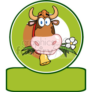   The image portrays a cartoon cow within a green circular border, appearing humorous and stylized. The cow has large, expressive eyes, and is chewing on green grass with a white flower in its mouth. Around the cow’s neck is a bell, suggesting that it is a dairy cow from a farm. 