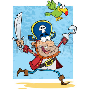 A comical pirate with a blue hat featuring a skull, wielding a curved sword and with a hook for a hand. A colorful parrot is flying above him.