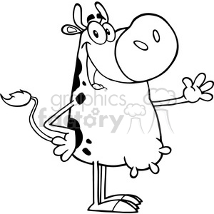   The image is a black-and-white clipart of a comical, cartoon cow. The cow is standing upright on two legs and has one hand raised in a waving or greeting gesture. It features exaggerated characteristics such as a large snout, big eyes, a friendly expression, and spots on its body, which are typical for cartoon illustrations of cows. 
