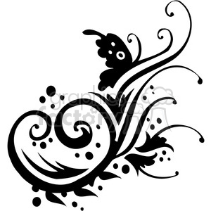A black and white clipart image of a decorative floral design featuring a butterfly. The intricate pattern includes swirling lines, leaves, dots, and curves.