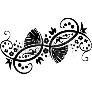 A black floral clipart design featuring intricate swirls, leaves, dots, and small flowers arranged in a symmetrical pattern.