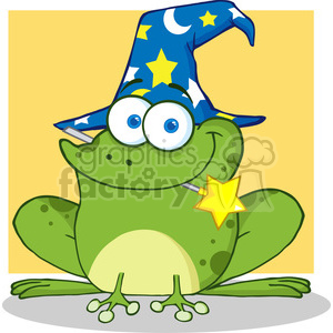 The clipart image depicts a green frog wearing a blue wizard hat adorned with moon and stars, giving it a magical appearance. The frog also has a gold star attached to it, suggesting it might be a transformed prince as often depicted in fairy tales and fantasy stories.