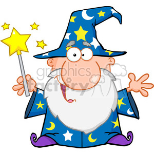 A cheerful cartoon wizard wearing a blue starry robe and hat, holding a glowing magic wand.