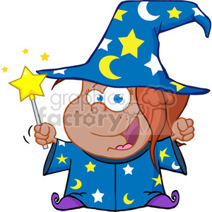 This clipart image features a cartoon character dressed as a wizard. The character is wearing a large blue hat and robe adorned with yellow stars and crescent moons. The character is holding a wand with a glowing star at the end and appears to be casting a spell.