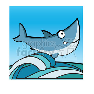 This clipart image features a stylized cartoon shark with a friendly appearance, surfing on ocean waves. The background is a clear blue sky. The shark is predominantly grey with a white underbelly, and it has a big eye and a wide smile.