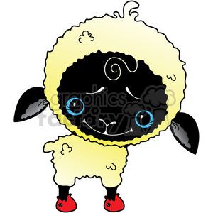 A cute cartoon sheep with a black face and ears, large blue eyes, and a fluffy yellow fleece, wearing red shoes and standing upright.