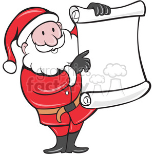 Cartoon Santa Claus standing and pointing at a blank scroll.