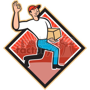 Clipart image of a delivery person wearing a red cap, white shirt, and blue pants, running with a package in hand and making an OK gesture. The background features a red cityscape with sun rays.