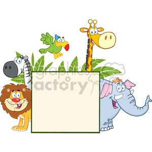 The image depicts a colorful and amusing collection of cartoon animals typically found in African environments or in a zoo. There's a friendly lion, a striped zebra peeking out, a tall giraffe with a surprised expression, an adorable elephant with a flower on its head, and a cheerful parrot in flight. All of these cartoon animals are arranged around a blank sign, which has ample space for customization or text. They are surrounded by green leaves, suggesting a jungle-like setting.