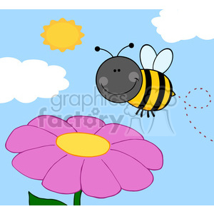 A cheerful clipart image of a smiling bee flying near a large pink flower with green leaves. The background features a bright blue sky with white clouds and a yellow sun.