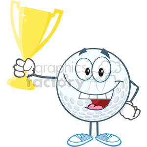   5737 Royalty Free Clip Art Happy Golf Ball Holding Golden Trophy Cup 