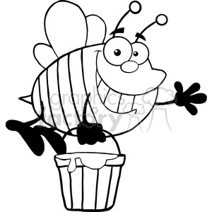 A black and white clipart image of a smiling cartoon bee with large eyes and antennae, flying along while holding a bucket that is filled with honey