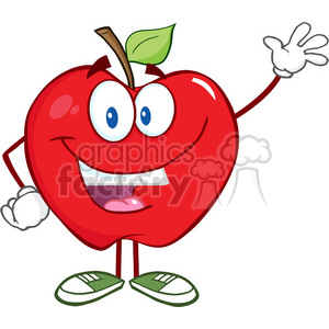 5753 Royalty Free Clip Art Smiling Apple Cartoon Mascot Character Waving For Greeting