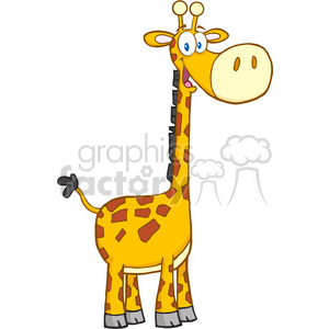   The image is a cartoon representation of a giraffe. The giraffe has a humorous expression, with wide blue eyes and a large, protruding tongue. It has the characteristic long neck, spotted yellow and brown pattern, and small horns at the top of its head, known as ossicones. 