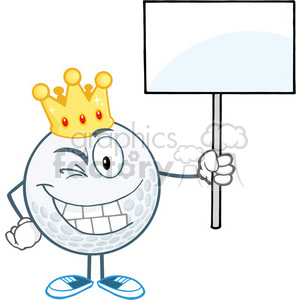  5726 Royalty Free Clip Art Winking Golf Ball With Gold Crown Holding A Blank Sign 