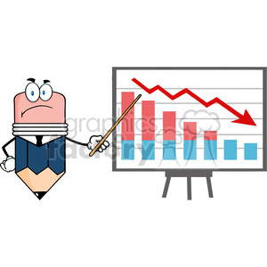 A humorous clipart image of a pencil character pointing to a bar chart with a declining red arrow.