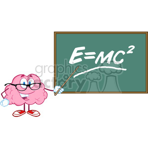 5818 Royalty Free Clip Art Smiling Brain Teacher Character With A Pointer In Front Of Chalkboard With Einstein Formula E mc2