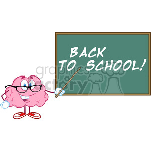 5816 Royalty Free Clip Art Smiling Brain Teacher Character With A Pointer In Front Of Chalkboard With Text