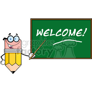 A cheerful cartoon pencil character with glasses stands next to a chalkboard that says 'Welcome!' The pencil is pointing at the chalkboard with a pointer.