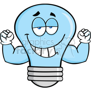 6122 Royalty Free Clip Art Smiling Blue Light Bulb Cartoon Mascot Character With Muscle Arms