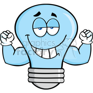   6122 Royalty Free Clip Art Smiling Blue Light Bulb Cartoon Mascot Character With Muscle Arms 