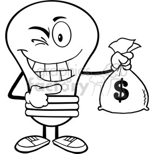 6012 Royalty Free Clip Art Light Bulb Cartoon Mascot Character Holding A Bag Of Money