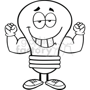 A cartoon lightbulb character with a big grin and muscular arms, conveying a strong and amusing idea concept.