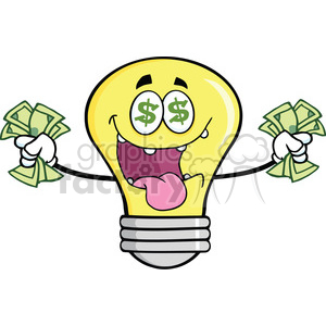 A humorous cartoon lightbulb character with money symbols in its eyes, excitedly holding wads of cash in both hands, representing the concept of greed or financial ideas.