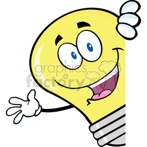   6058 Royalty Free Clip Art Light Bulb Cartoon Character Waving Behind A Sign 