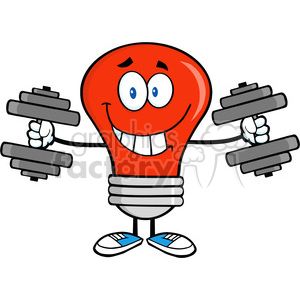   6021 Royalty Free Clip Art Smiling Red Light Bulb Cartoon Character Training With Dumbbells 