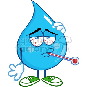 Sick Water Drop Character With Thermometer