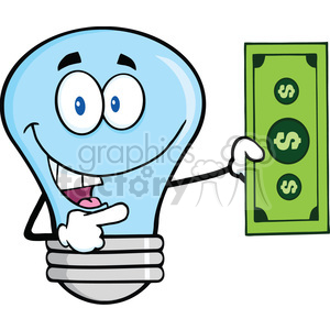 6152 Royalty Free Clip Art Blue Light Bulb Character Showing A Dollar Bill