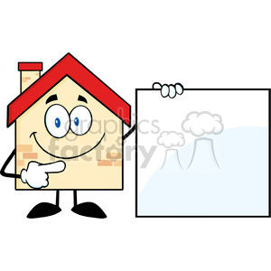 6464 Royalty Free Clip Art House Cartoon Mascot Character Showing A Blank Sign