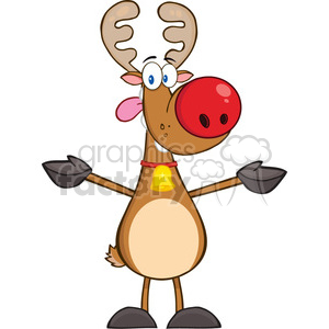 A funny cartoon reindeer with a big red nose and surprised expression, wearing a bell collar, spreading its arms.