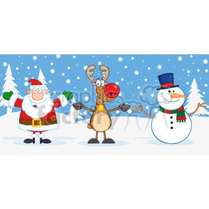 A humorous Christmas clipart image featuring Santa Claus, a reindeer, and a snowman standing in a snowy landscape.