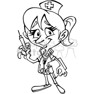   female nurse cartoon character in black and white 