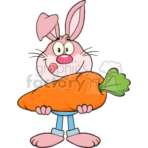 A cartoon pink bunny holding a large carrot, looking happy with its tongue sticking out. The bunny is wearing blue pants.