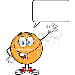   Royalty Free RF Clipart Illustration Happy Basketball Cartoon Character Waving With Speech Bubble 