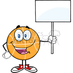   Royalty Free RF Clipart Illustration Happy Basketball Cartoon Character Holding A Blank Sign 