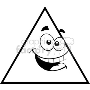 A monochrome clipart image of a triangle with a cartoon face featuring big eyes, arched eyebrows, and a wide, toothy smile.
