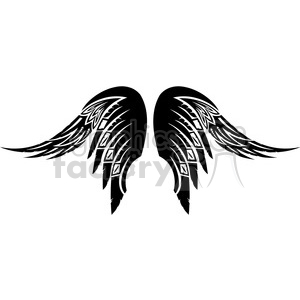 A black and white tribal-style illustration of wings. The design features intricate patterns with sharp lines and geometric shapes that give the wings a stylized, artistic appearance.